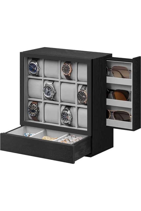 12-Slot Watch Box, Watch Display Case Wood Cabinet with Velvet Lining, Vertical Storage, Space Saving, Black