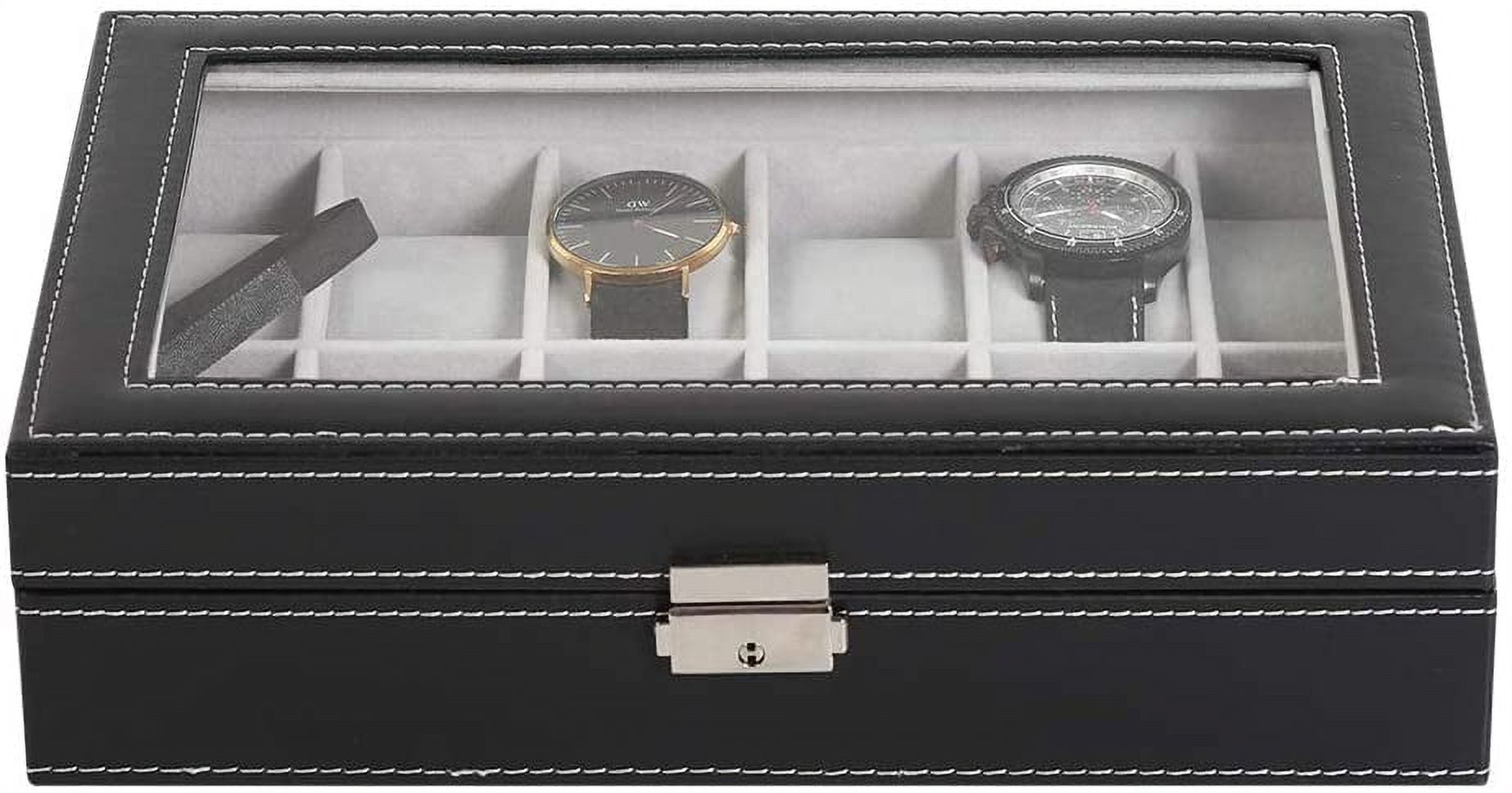 12-Slot Watch Box, Watch Organizer, Lockable Jewelry Display Case with Real Glass Top, Synthetic Leather, Black