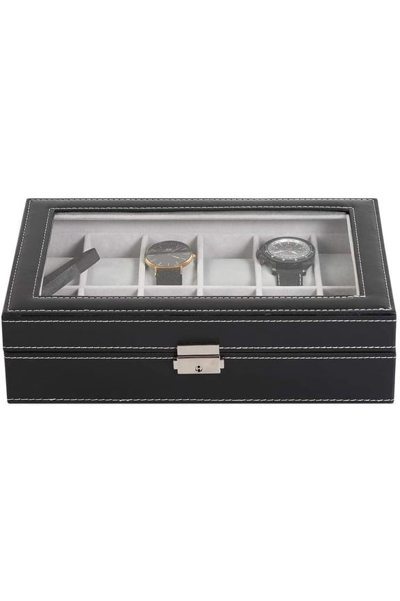 12-Slot Watch Box, Watch Organizer, Lockable Jewelry Display Case with Real Glass Top, Synthetic Leather, Black