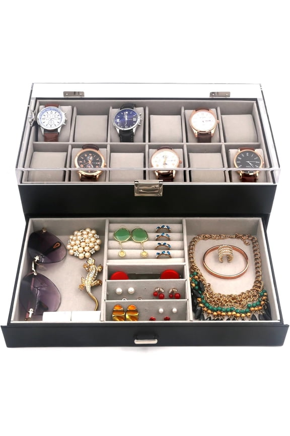 12-Slot Watch Box with Lockable Drawer  Display Lid |  Organizer for Luxury Watches,  & Eyewear (Black-W3006)