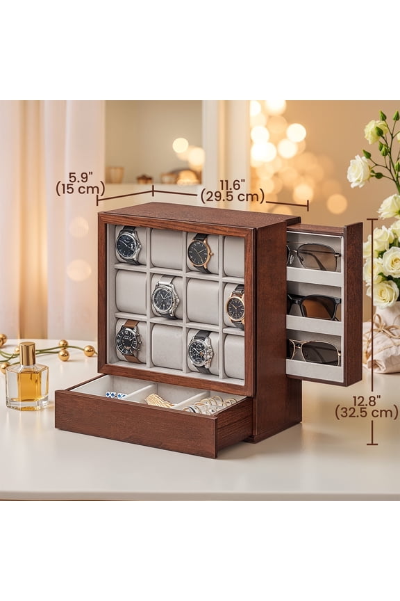 12-Slot Wooden Watch Display Case, Clear Window, Solid Wood Veneer, Velvet Lining, Vertical Storage, Coffee Brown