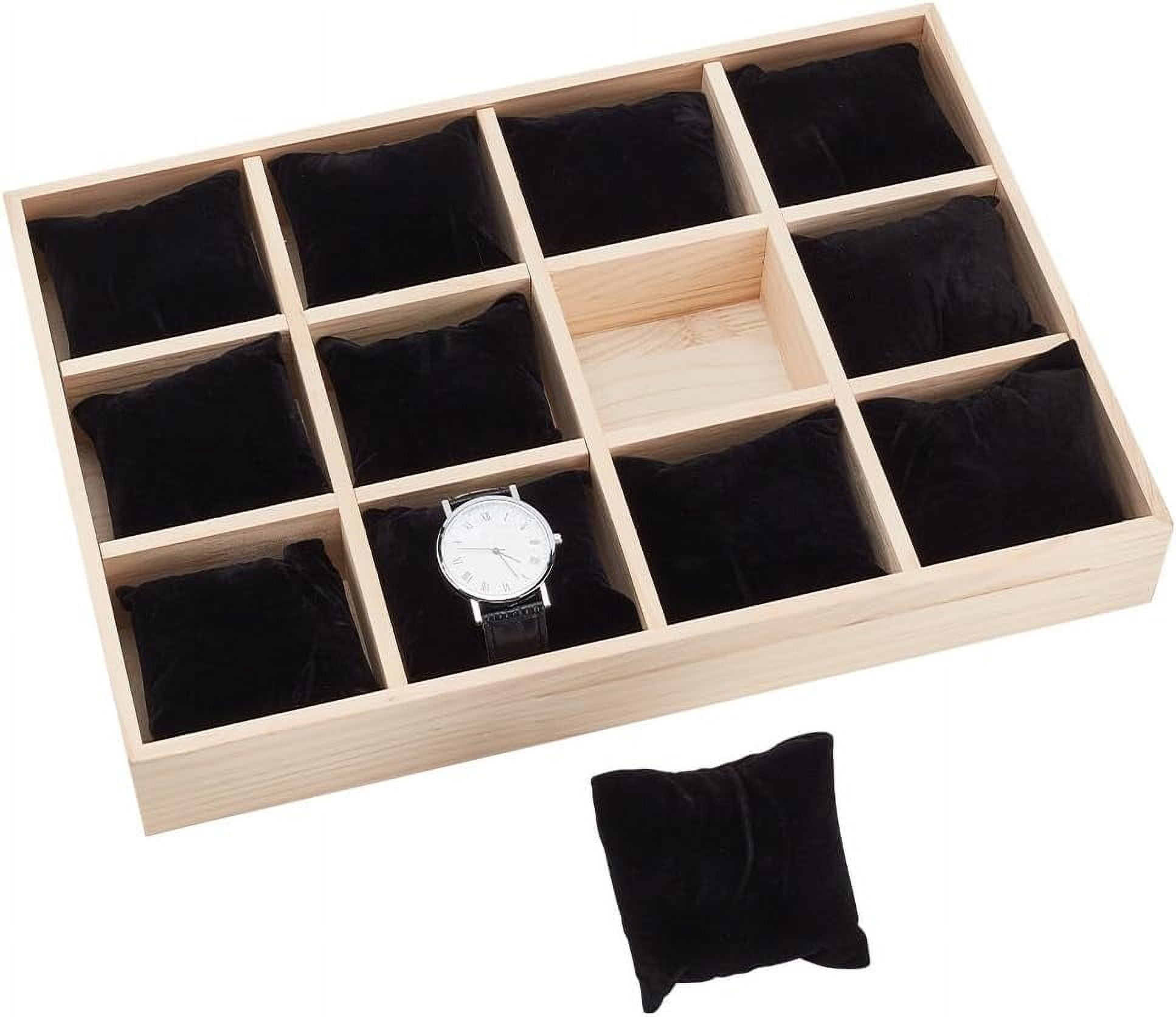 12 Slot Wooden Watch Organizer Tray Display Holder with Removable Velvet Pillows Stackable Jewelry Bracelet Storage Tray for Drawer Showcase Black diy