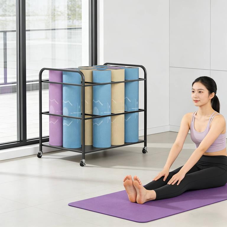 12-Slot Yoga Mat Storage Cart Iron Multi-Layer Workout Equipment Rack with Wheels Heavy Load Capacity Moveable for Dumbbells Kettlebells Yoga Blocks Resistance Bands Foam Rollers Home Gym Organizer