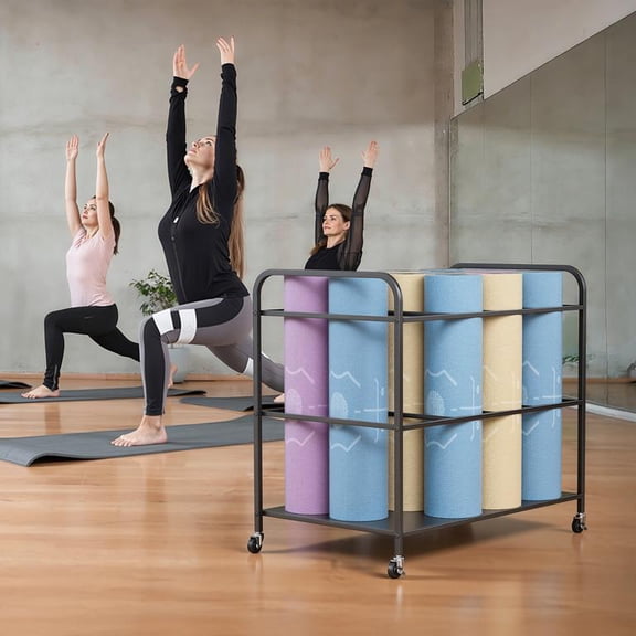 12-Slot Yoga Mat Storage Cart Multi-Layer Iron Workout Equipment Rack with Wheels Heavy Load Strong Structure Rounded Corner Safety Design for Home Gym Yoga Room Fitness Studio