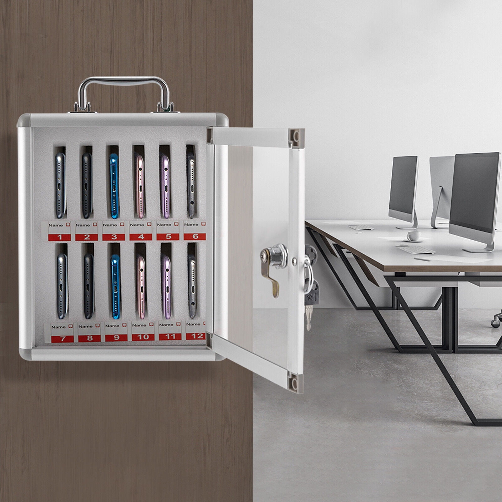 12 Slots Aluminum Alloy Transparent Cell Phones Storage Cabinet Locker ...