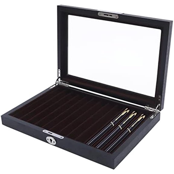 12 Slots Black Wooden Fountain Pen Case, Wood PU Flannel with Glass Window & Lock, Pencil Boxes Display Organizer Storage Collector Box Collector Holder$$Office