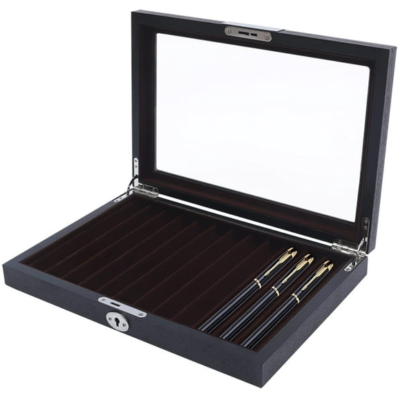 12 Slots Black Wooden Fountain Pen Case, Wood PU Flannel with Glass Window & Lock, Pencil Boxes Display Organizer Storage Collector Box Collector Holder