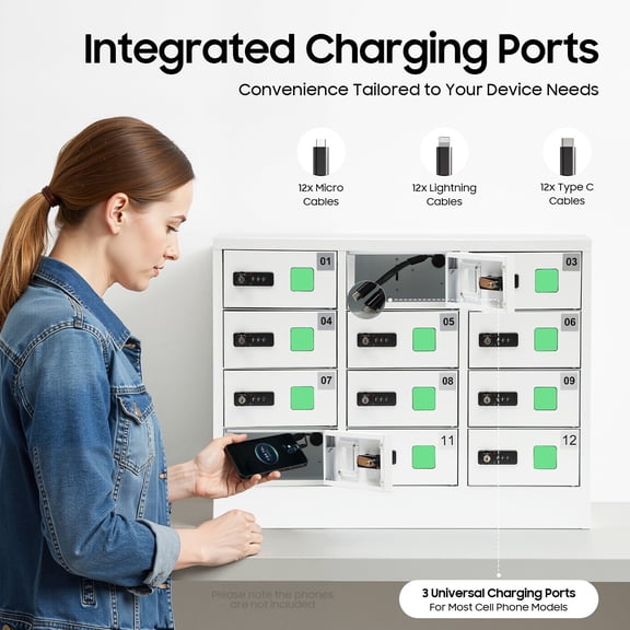 12 Slots Cellphone Locker with Combination Lock, Metal Phone Storage Cabinet with Charging Station Charging Ports, Rechargeable, for Gyms, Office, Employee Cabinets