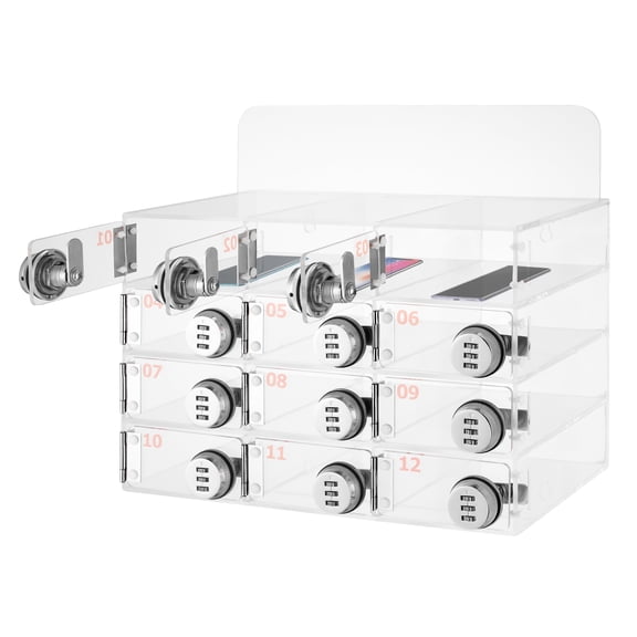 12 Slots Mobile Phone Locker Box, Clear Cell Phone Storage Cabinet for Classroom with Door and Combination Lock for Exam Rooms - 12.32 * 7.28 * 8.7 inch