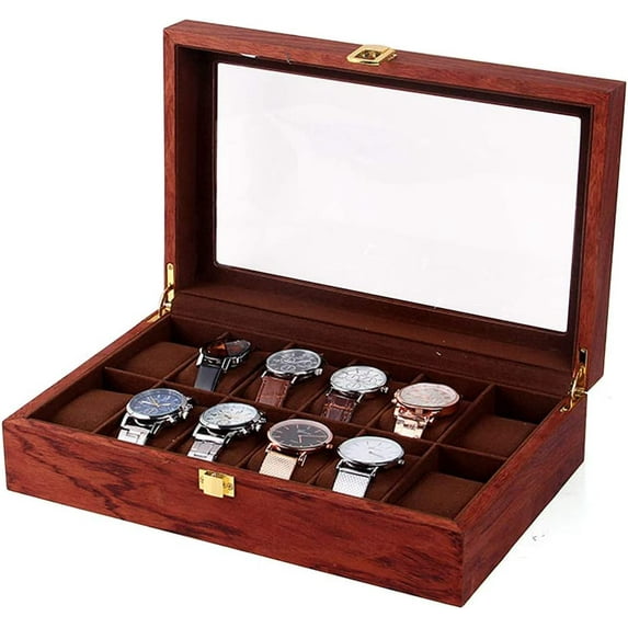 12 Slots Watch Storage Watch Display Box with Large Glass Lid, Wooden Watch Gift Box Watch Box Organizer for Men(Rosewood Grain)