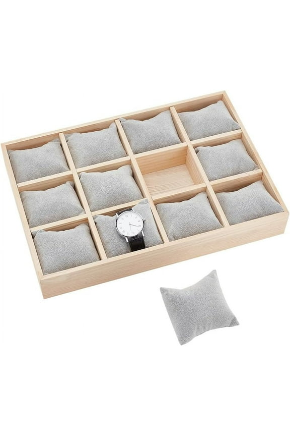 12 Slots Wooden Watch Organizer Tray Watch Display Holder with Removable Velvet Pillows Stackable Jewelry Bracelet Storage Tray for Drawer Watch Display Showcase Grey