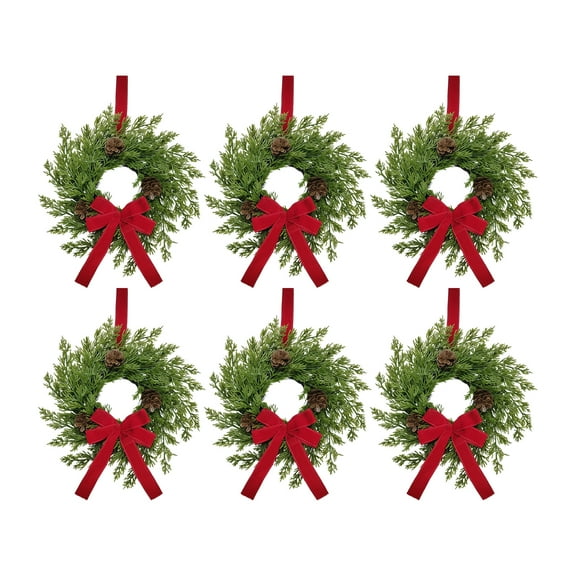12" Small Christmas Norfolk Wreath with Ribbon Bow & Red Berries, 6Pcs Mini Cedar Holiday Wreath for Cabinets, Front Door, Windows, Chairs, Fireplace, Table Pillars, Farmhouse Indoor Winter Décor