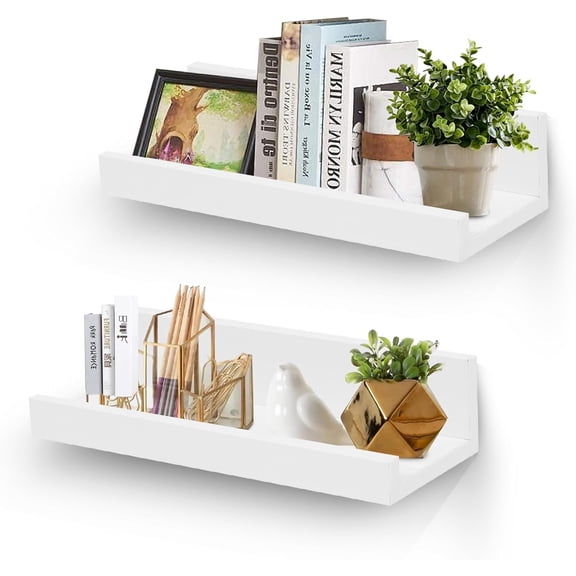 12" Small Floating Wall Ledge Shelves with Lip - Set of 2 Wood Floating Shelves - White Wall Mounted Picture Ledge for Office, Bathroom, Bedroom, Living Room, Kitchen