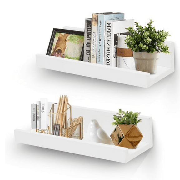 12" Small Floating Wall Ledge Shelves with Lip - Set of 2 Wood Floating Shelves - White Wall Mounted Picture Ledge for Office, Bathroom, Bedroom, Living Room, Kitchen
