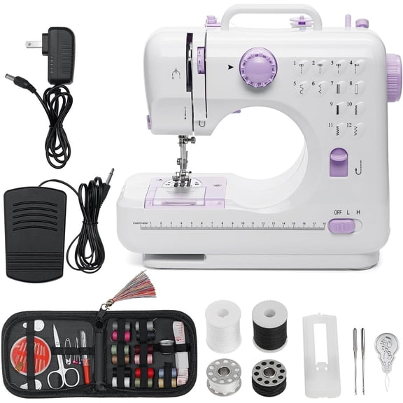 12- Small Sewing Machine with Foot Pedal & Night Light, Portable Electric Sewing Machine for Beginners, , Tailors | Quick Repairs, DIY, Crafts | by AC/Adapter (7-9W)