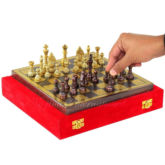 12" Solid Brass Classic Black Chess Set | Metal Chess Pieces with Large Brass Board | Beautiful Handcrafted Set | Abstract Strategy Tactic Board Games with Red Velvet Storage Case (Brown Board)