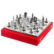 12 Solid Brass Classic Black Chess Set | Metal Chess Pieces with Large Brass Board | Beautiful Handcrafted Set | Abstract Strategy Tactic Board Games with Red Velvet Storage Case (Silver Board)