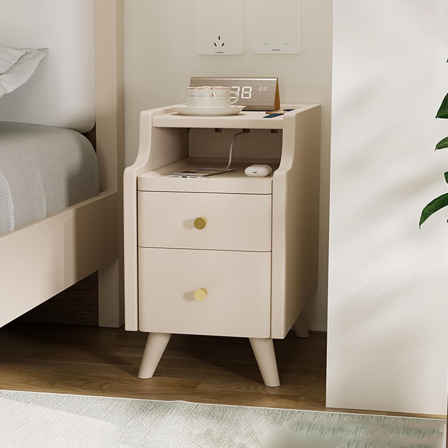 12" Solid Wood Nightstand with 2 Drawers, Bedside Table with Open ...