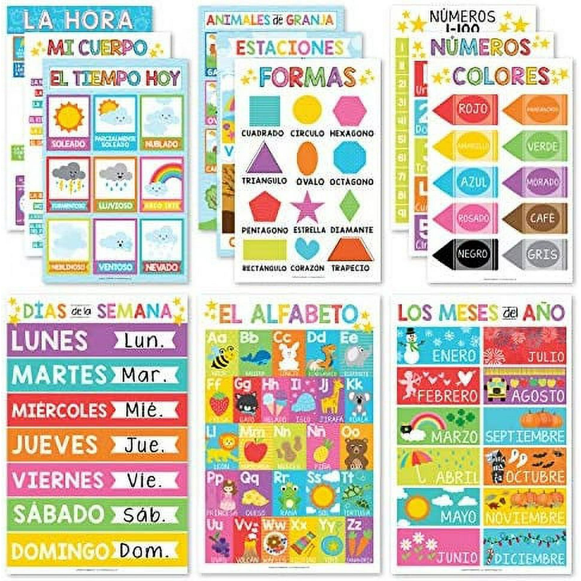12 Spanish Educational Posters, Bilingual Learning Chart for Prek ...