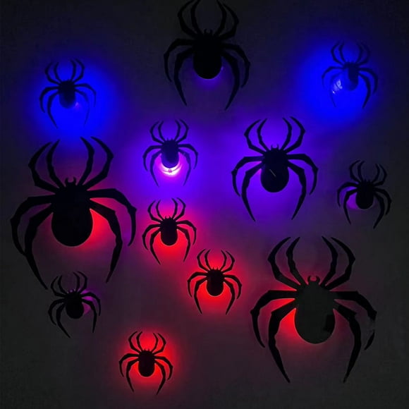 12 Spider LED Stickers Halloween Decorations - 3D Spider Print DIY Wall Decoration - for Halloween Party Decoration