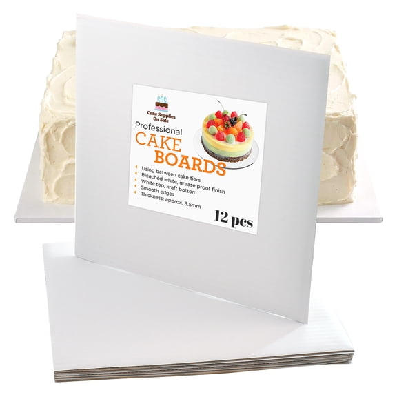 Cake S.O.S 12 inch Square White Coated Cardboard Cake Board, Greaseproof, (12-pack)