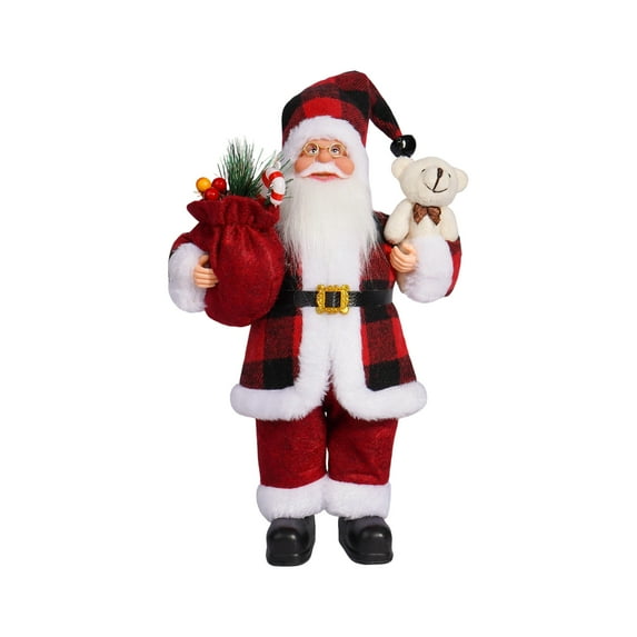 12" Standing Santa Claus Figurine Christmas Decor, Red and Black Plaid Santa with Gift Bag, Holiday Santa Figure for Table, Fireplace, Window Display, Winter Seasonal Decorations,Festive Home Accents