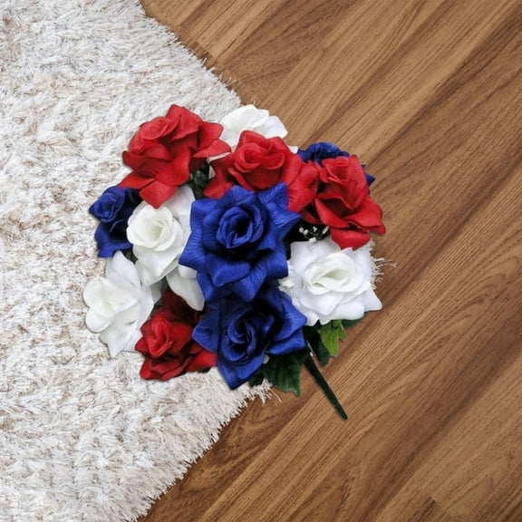 12 Stem Artificial Flowers Roses Carnation Blossom Mixed Bush Spring Faux Flower Indoor Wedding Home Decor, Cemetery Decorations for Grave, Red, White, Blue