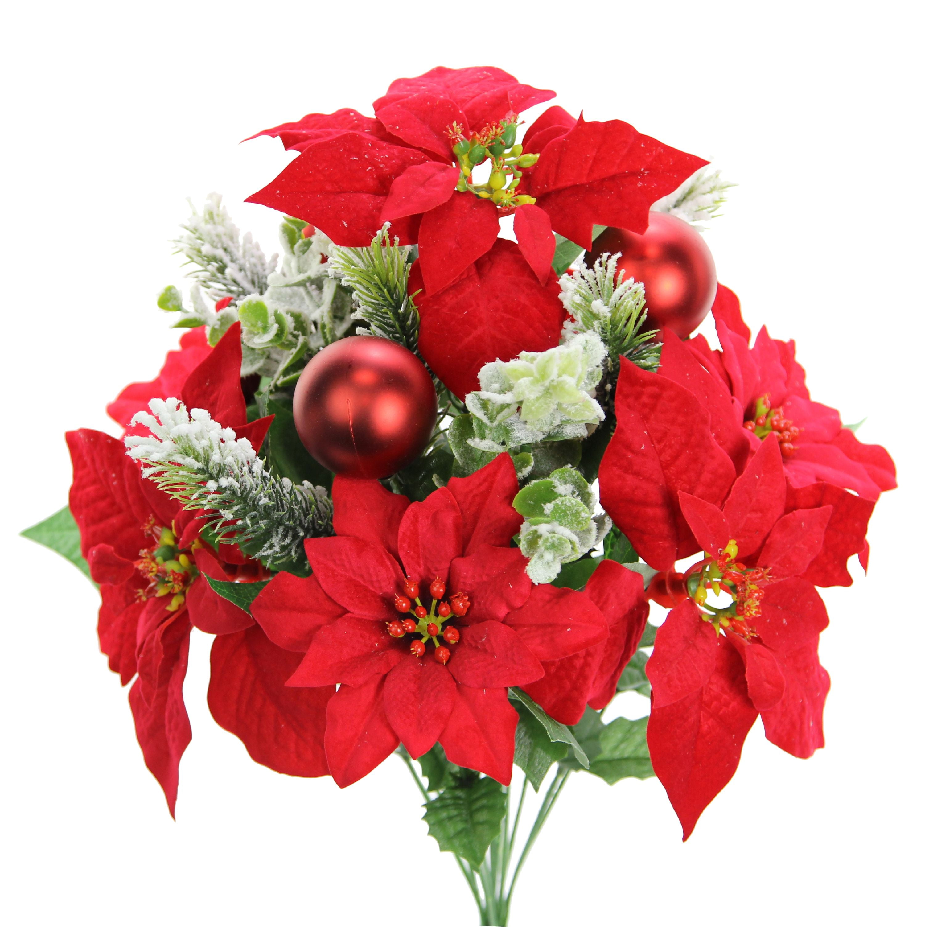 Red Faux Velvet Poinsettia Christmas Arrangement with Lights