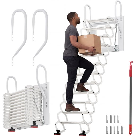 12-Step Alloy Steel Pull Down Folding Loft Stairs, Retractable Collapsible Attic Stairs, 660LBS Heavy Duty for Garage, Attic & Warehouse