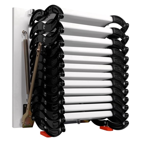 12-Step Foldable Attic Ladder, Ti-Mg Alloy, 1102LBS Capacity, Black+White Non-Slip Treads with Armrests, Wall Mounted Pull Down for Home Storage Garage Loft