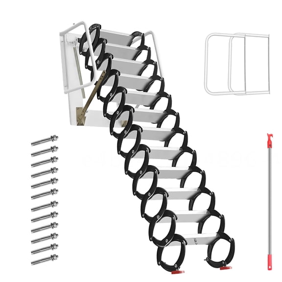 12 Step Foldable Wall Mount Storage Room Ladder, Titanium Magnesium Alloy Black White Splicing Telescopic Staircase, Pull Down Foldable Loft Staircase for Basement Loft