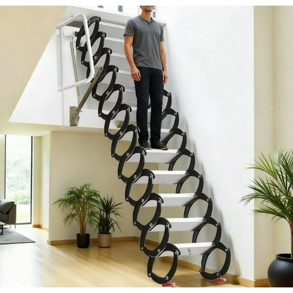 12-Step Folding Attic Ladder Extension Loft Stairs Wall Mounted Anti-Slip 10FT for Home Storage Room Loft Industrial Plant