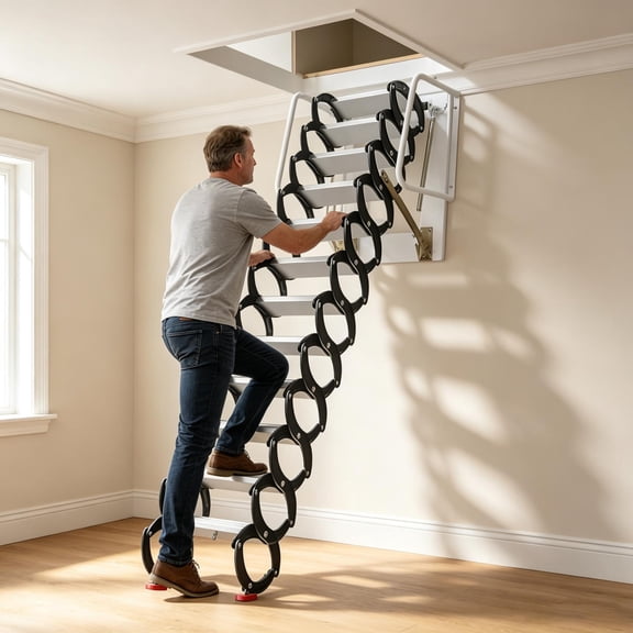 12-Step Wall Mounted Attic Ladder Kit with Handrails, 1300 lbs Capacity Telescopic Fold Ladder, Titanium-Magnesium Alloy Folding Loft Staircase for Attics, Garages, Roofs, Basements.