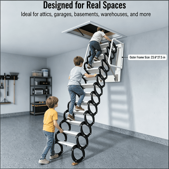 12-Step Wall-Mounted Pull Down Attic Stairs Set, 133-Inch Folding Pull Down Attic Stairs, With A Weight Capacity Of Up To 1,102 Pounds, Suitable For Attics, Garages, Rooftops and Bas