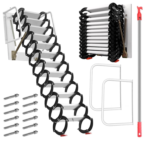 12 Step titanium-Magnesium Alloy Loft Wall Mounted Stairs,1102LBS Capacity Foldable Loft Stairs with Armrests,Telescopic Fold Ladder for 27.5 x 23.6 Inch