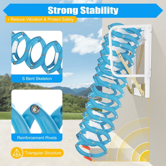 12 Steps Attic Ladder Loft Stairs Steps Ladder Folding Pull Down Stairs 10.17ft Height 15.75*5.51*1.18in for Attics, Garages, Roofs, Basements