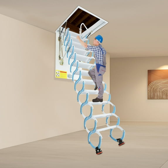 12 Steps Attic Ladder, Pull Down Attic Stairs, Wall-Mounted Folding Stairs with 3 Adjustable Tilt Angle(Blue, White)