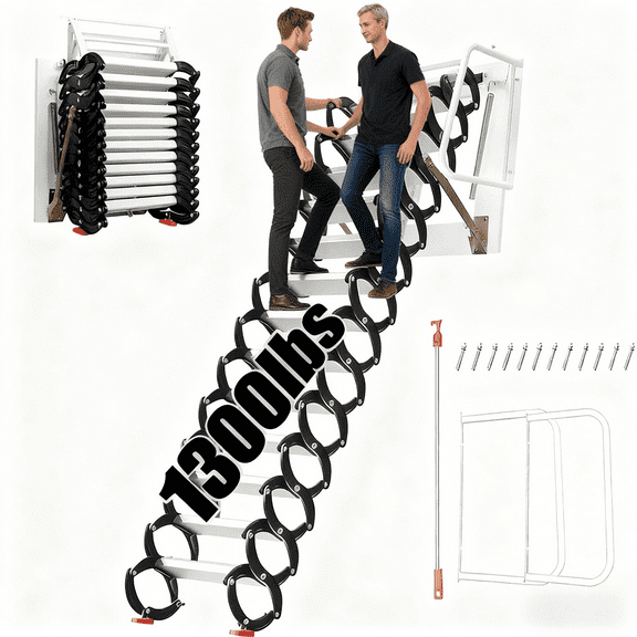 12-Steps Attic Ladder Pull Down System, 1300 LBS Wall Mounted Attic Ladder, 12 FT Ti-Mg Alloy Attic Stairs, 27.6x24 Telescopic Attic Stairs, Collapsible Scissor Attic Stairs for Loft Garage, Basement