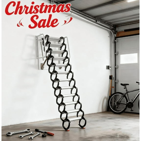 12 Steps Attic Stairs Pull Down System Telescopic Fold Ladder, 1200lbs Al-Mg Alloy Attic Staircase, for Attics, Garages, Roofs, Basements, Black-White