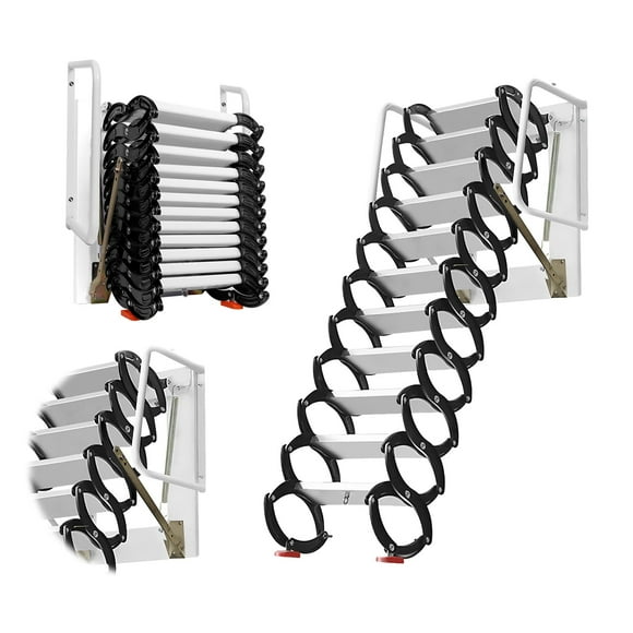 12 Steps  Attic Stairs Pull Down System Telescopic Fold Ladder, 660lbs Al-Mg Alloy Attic Staircase, for Attics, Garages, Roofs, Basements, Black-White