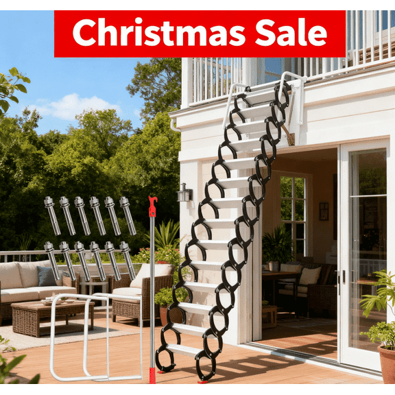 12 Steps Attic Stairs,Wall Mounted Folding Loft Ladder,Retractable Collapsible Stairs,Extension Steps Ladder with Armrests,Telescoping with Pulldown System(Black and White)