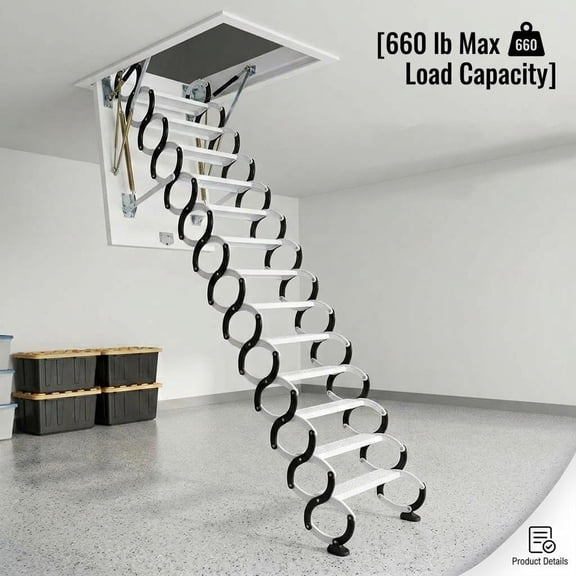 12 Steps Folding Attic Stairs, Black And White Solid Steel Loft Ladder, Easy Install Ceiling Mount Pull Down Staircase for Daily Household Use