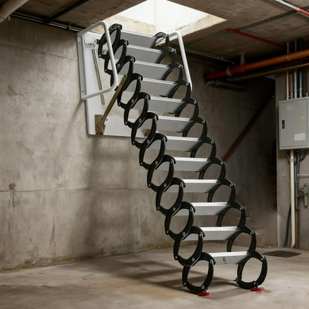 12 Steps Pull Down Attic Stairs, 1102LBS Aluminum-Magnesium Alloy Retractable Loft Access Staircase Pull Down System, Foldable Loft Stairs for Garages, Basements, Mezzanines