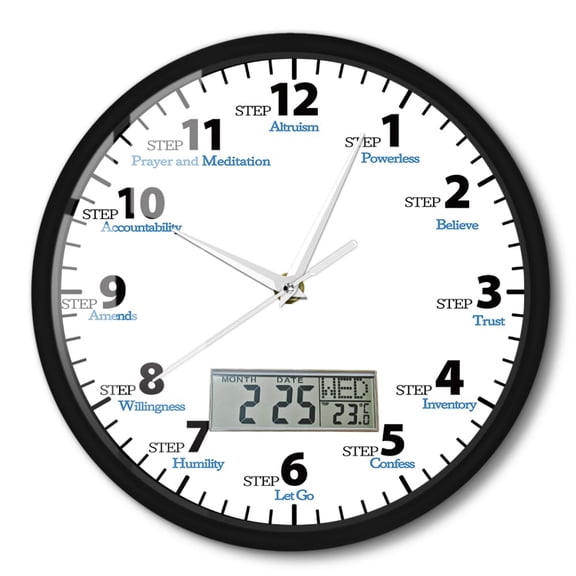 12 Steps Recovery Health Inspirational Mental FrameWall Clock with Day Week Temperature Display,Sobriety Sober Clean Silent Quartz Sweep 12'' Clock for Meditation Room Corner Decor