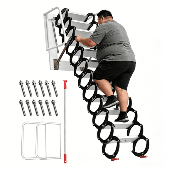 12 Steps Wall-Mounted Attic Ladder, Heavy Duty Titanium-Magnesium Alloy Folding Stairs with Handrails, 1102 LBS Capacity Pull Down Retractable Loft Ladder for 10 Ft Ceiling, Black and White