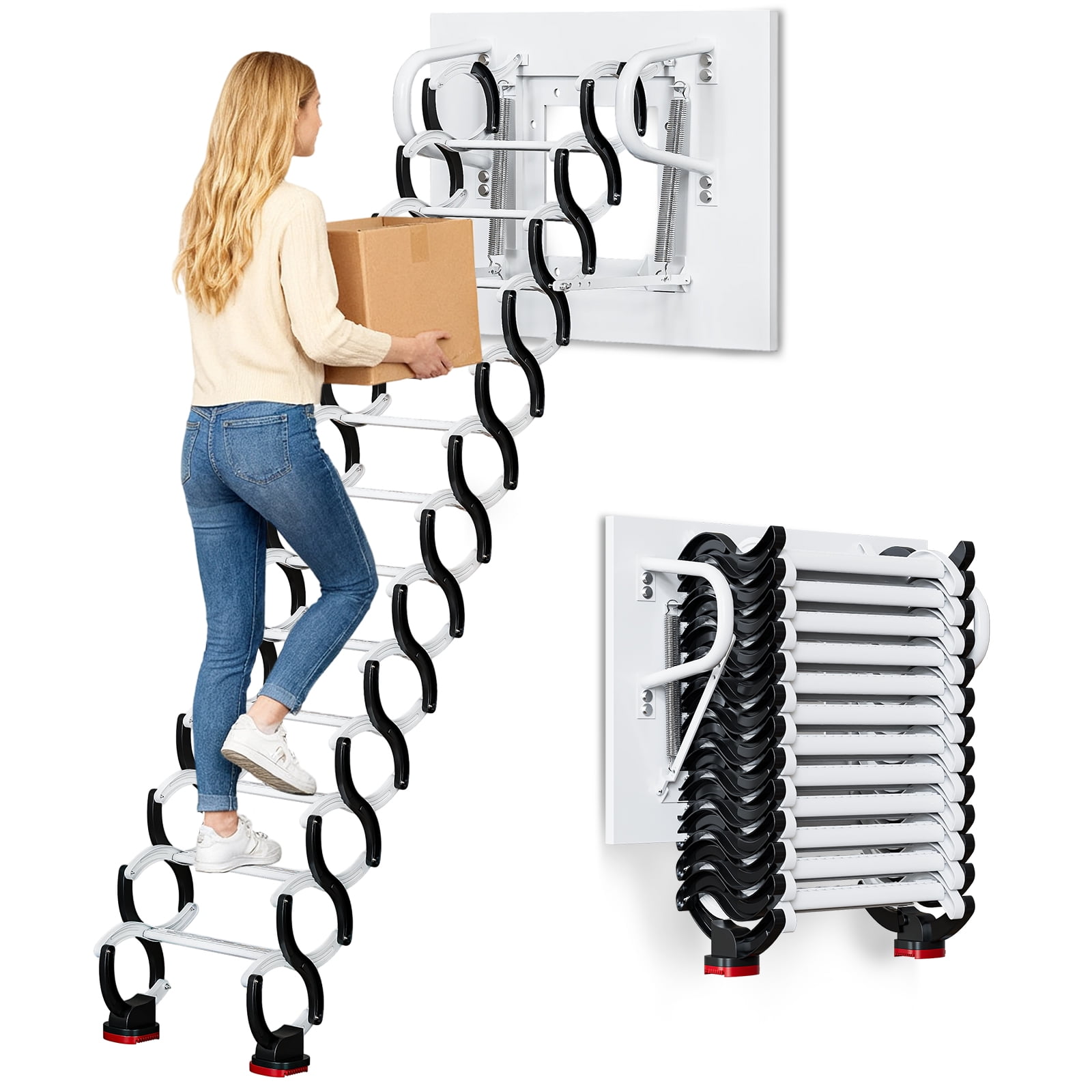12-Steps Wall-Mounted Attic Ladder kit with Handrails, 3.1m Folding Loft Staircase, Up to 882 lbsTelescopic Fold Ladder for Attics, Garages, Roofs, Basements
