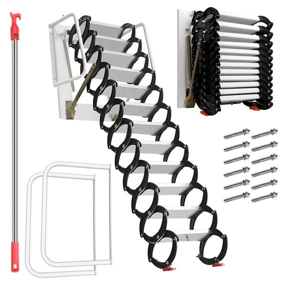 12-Steps Wall-Mounted Collapsible Stairs, 660LBS Folding Ladder with Handrails for Attics , Garages and Roofs