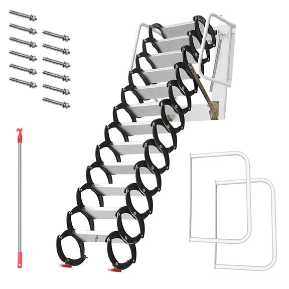 12 Steps Wall Mounted Pull Down Attic Stairs, 1102LBS Aluminum Magnesium Alloy Foldable Loft Stairs, Attic Staircase for Attics, Garages, Roofs