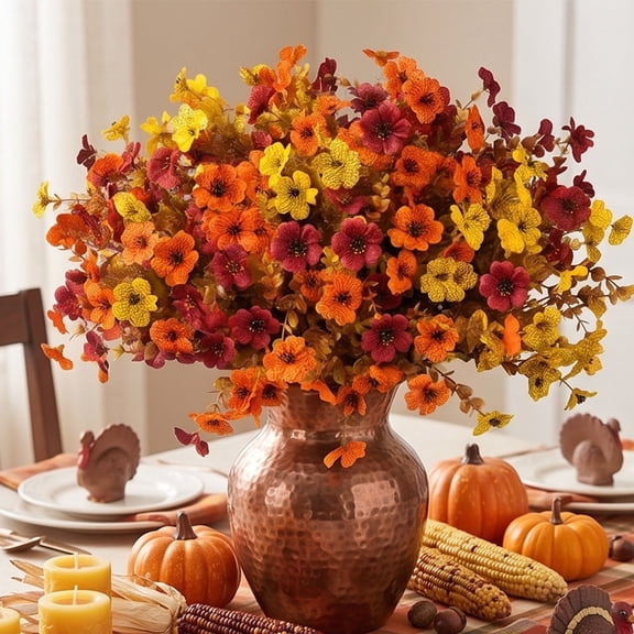 12 Sticks Artificial Fall Flower Picks, Violet & Greenery Bundle Combination, Realistic Faux Floral Stalks for Garden Balcony Potted Ornament Thanksgiving Decoration