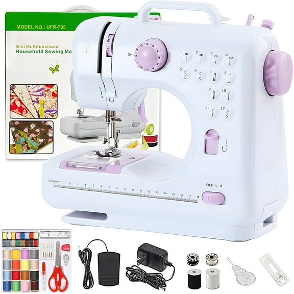 12 Stitches Sewing Machine, Multifunctional Mini Portable Sewing Machine Basic Easy to Use for Adults and Kids, Two-Thread Lockstitch with High & Low Adjustable Speeds